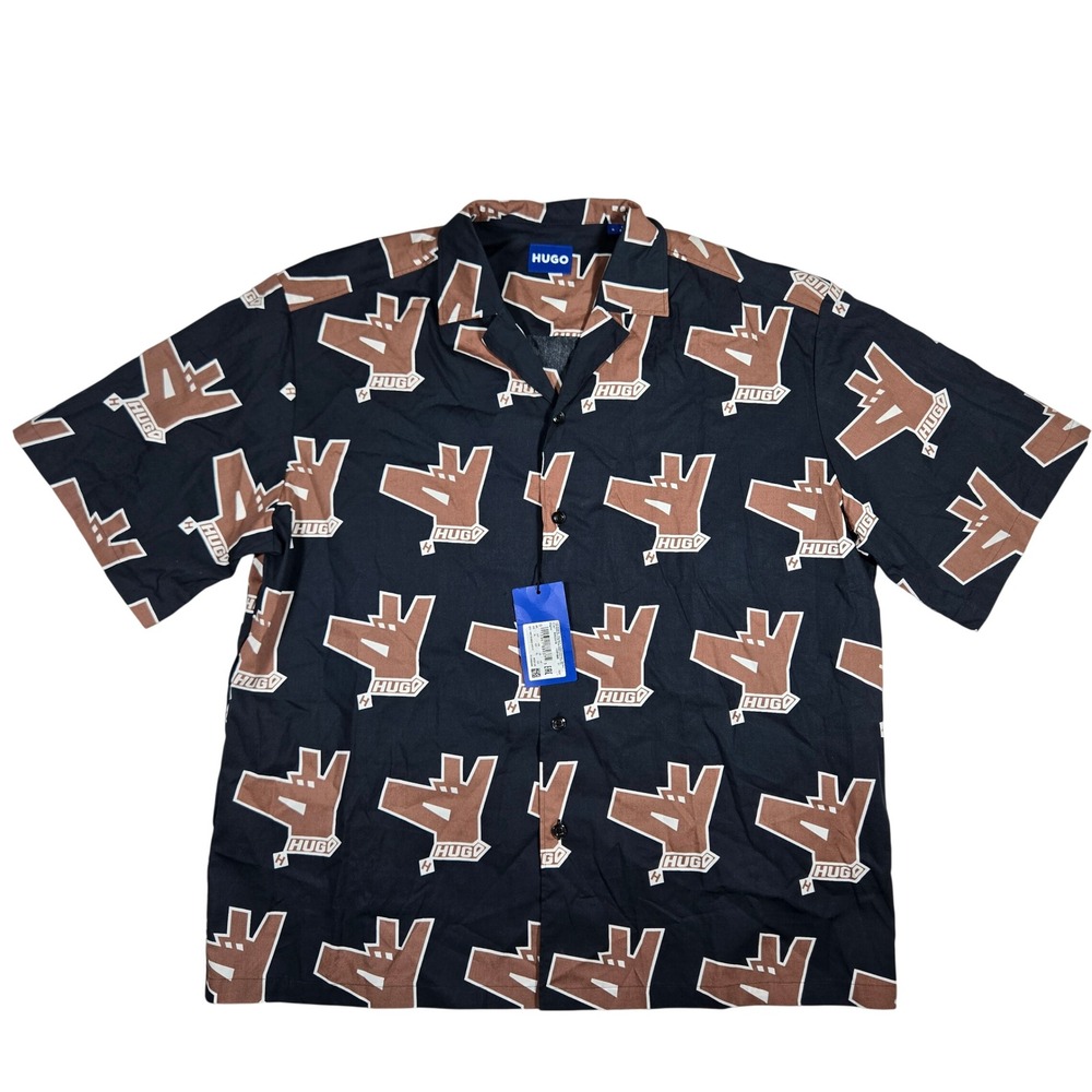 Hugo Boss Mens XL Eligino Short Sleeve Button Up Shirt Navy Brown Logo Dog